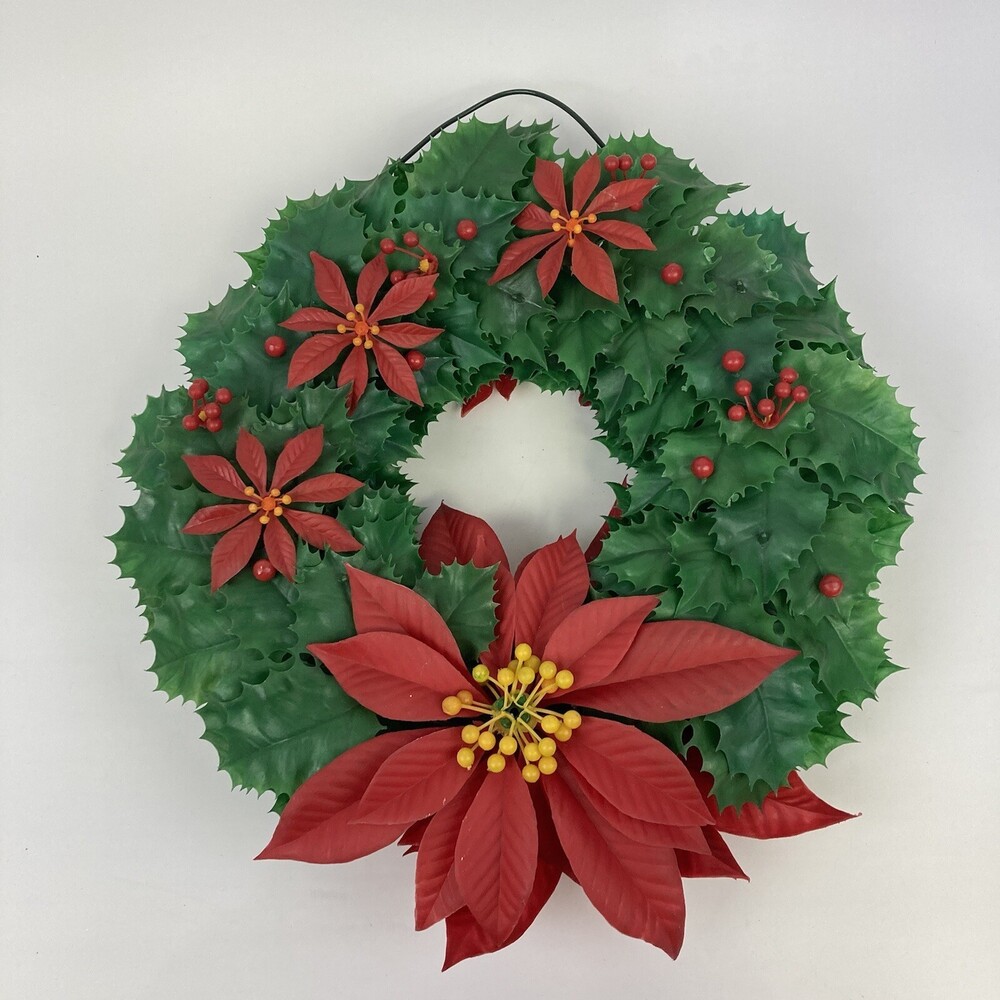 VTG XMAS 15" Plastic Wreath Decor Fake Foliage Greenery Red Poinsettia 2 Sided